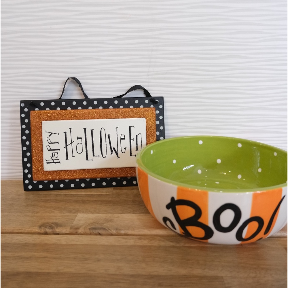 NEW! colorful cute boo candy bowl and Helloween wood sign bundle!